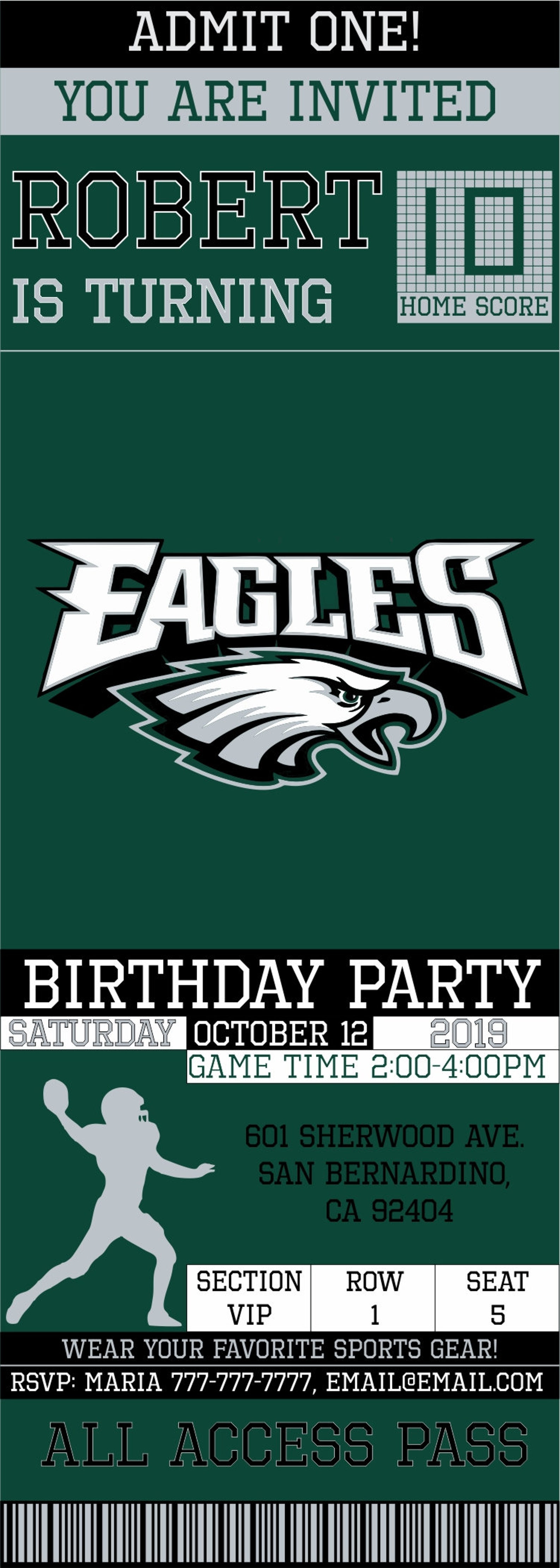 Philadelphia Eagles Birthday Invitation Ticket Invitation Etsy