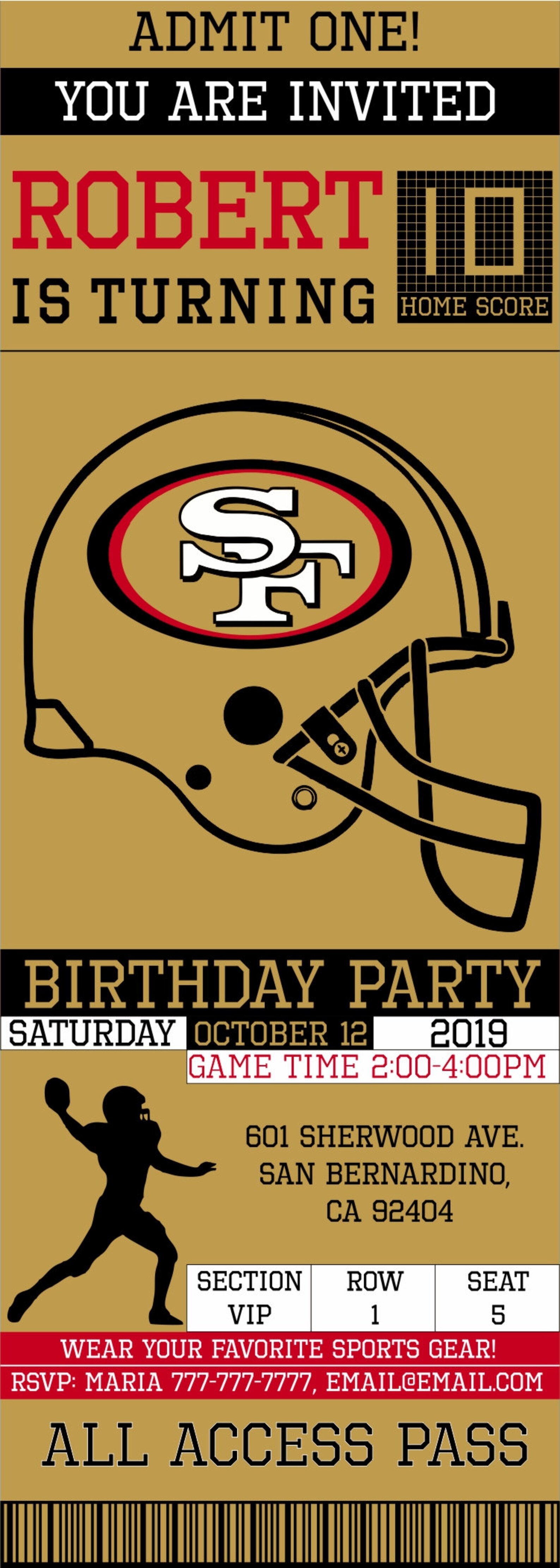 San Francisco 49ers Birthday Invitation Ticket Invitation Etsy San Francisco 49ers Birthday Invitation Ticket Invitation Etsy