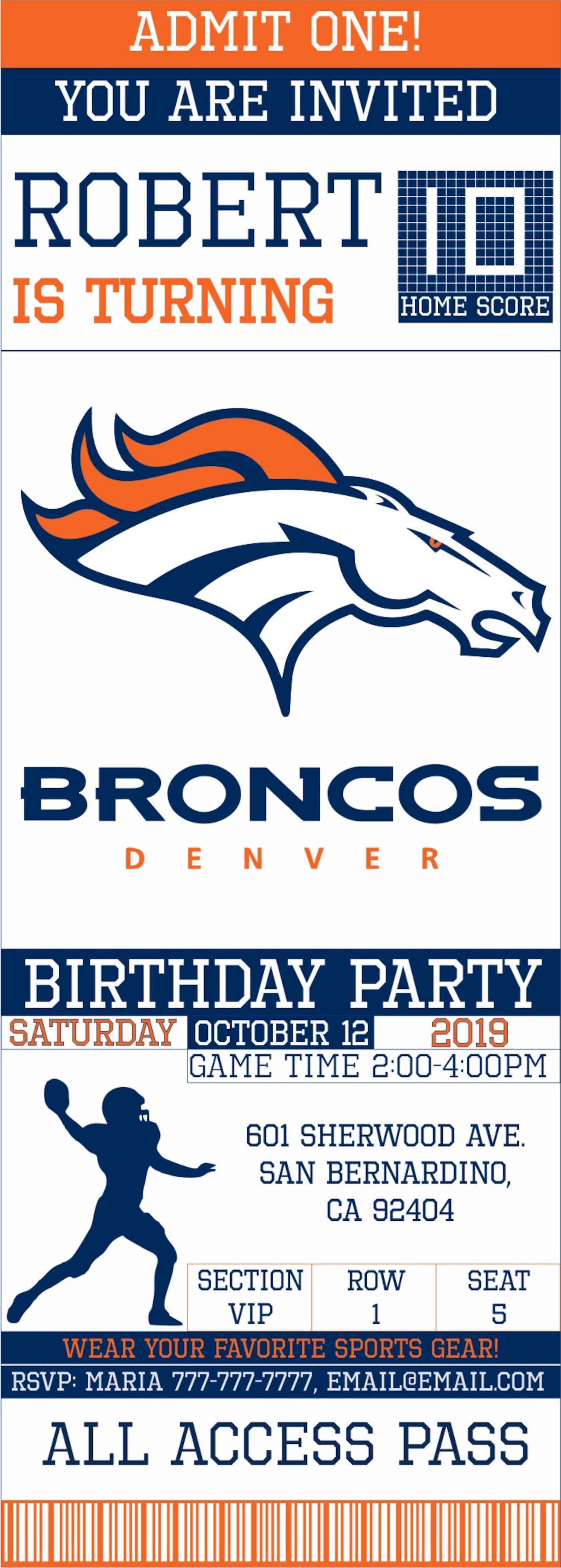Denver Broncos Birthday Invitation Ticket Invitation Broncos Etsy