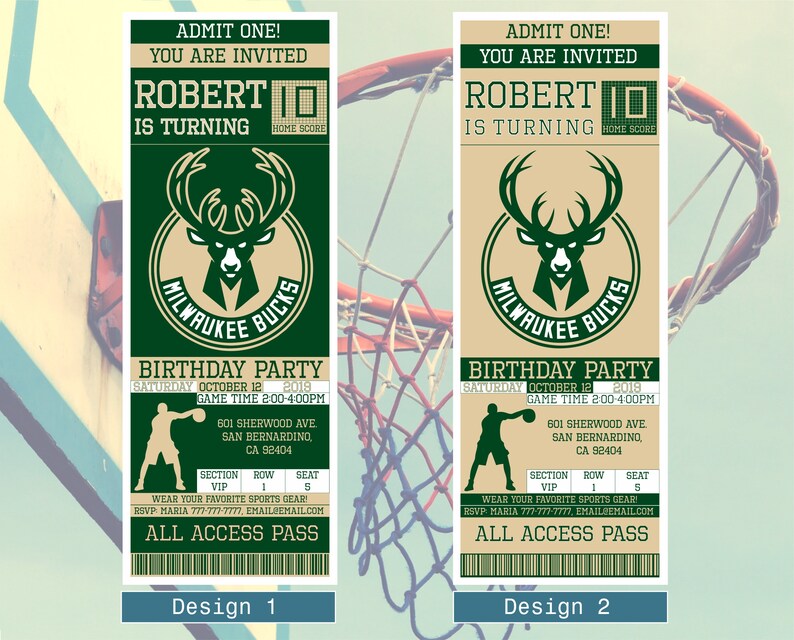 Milwaukee Bucks Birthday Invitation Ticket Invitation Bucks Etsy