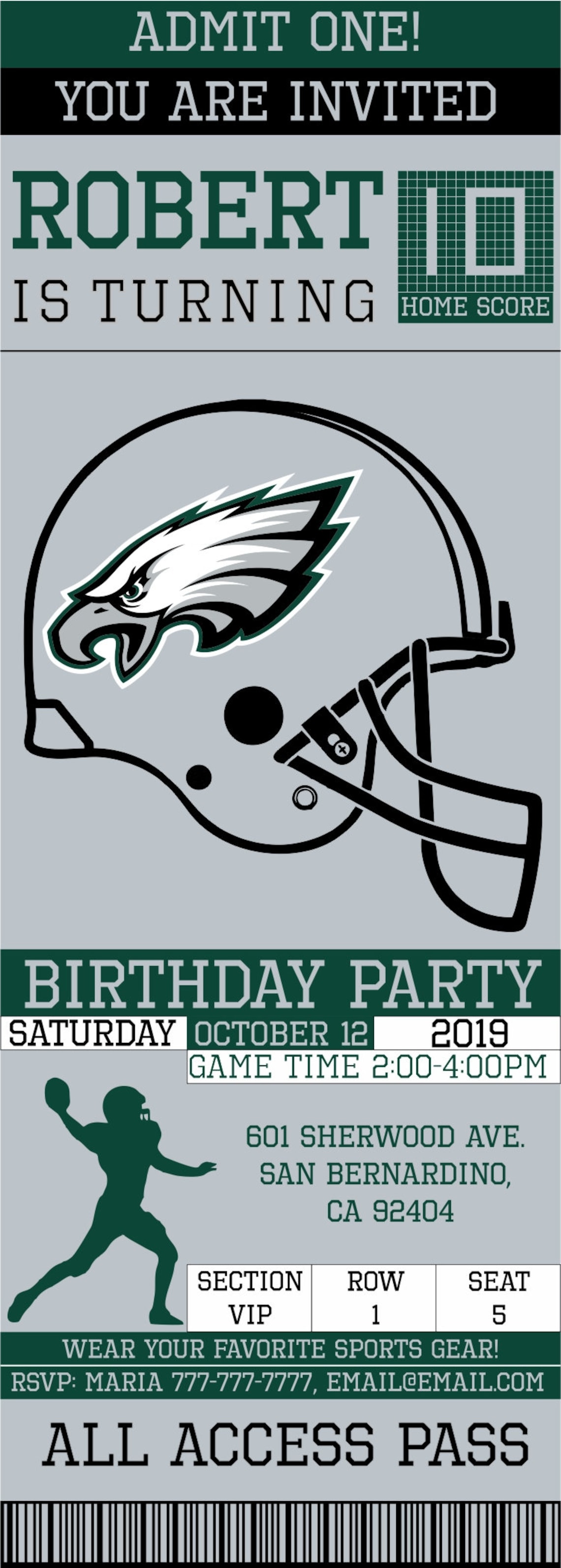 Philadelphia Eagles Birthday Invitation Ticket Invitation | Etsy