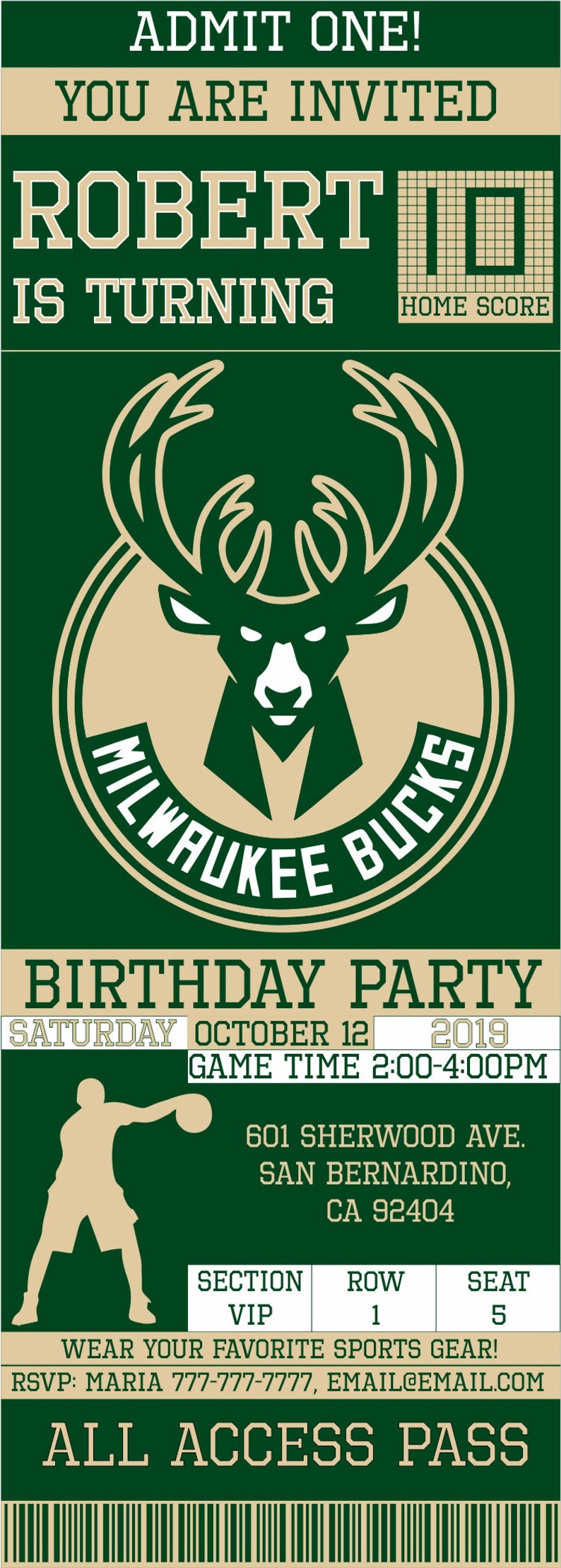Milwaukee Bucks Birthday Invitation Ticket Invitation Bucks Etsy