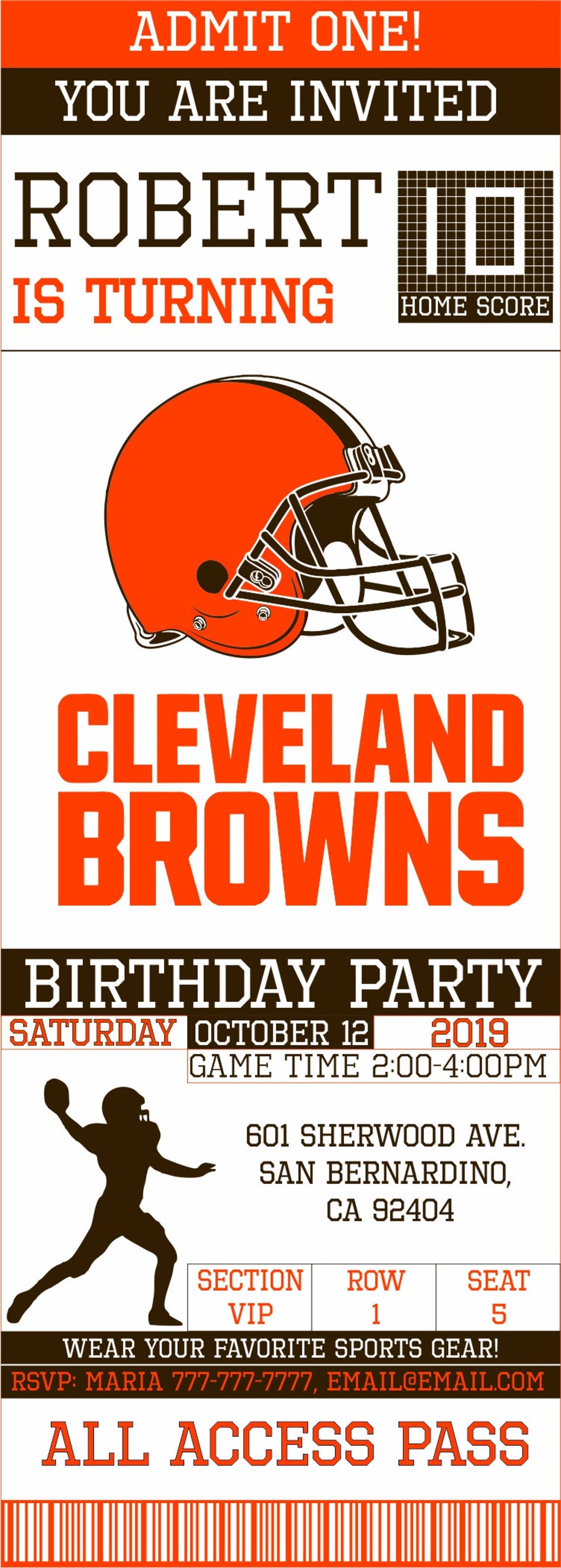 Cleveland Browns Birthday Invitation Ticket Invitation Etsy