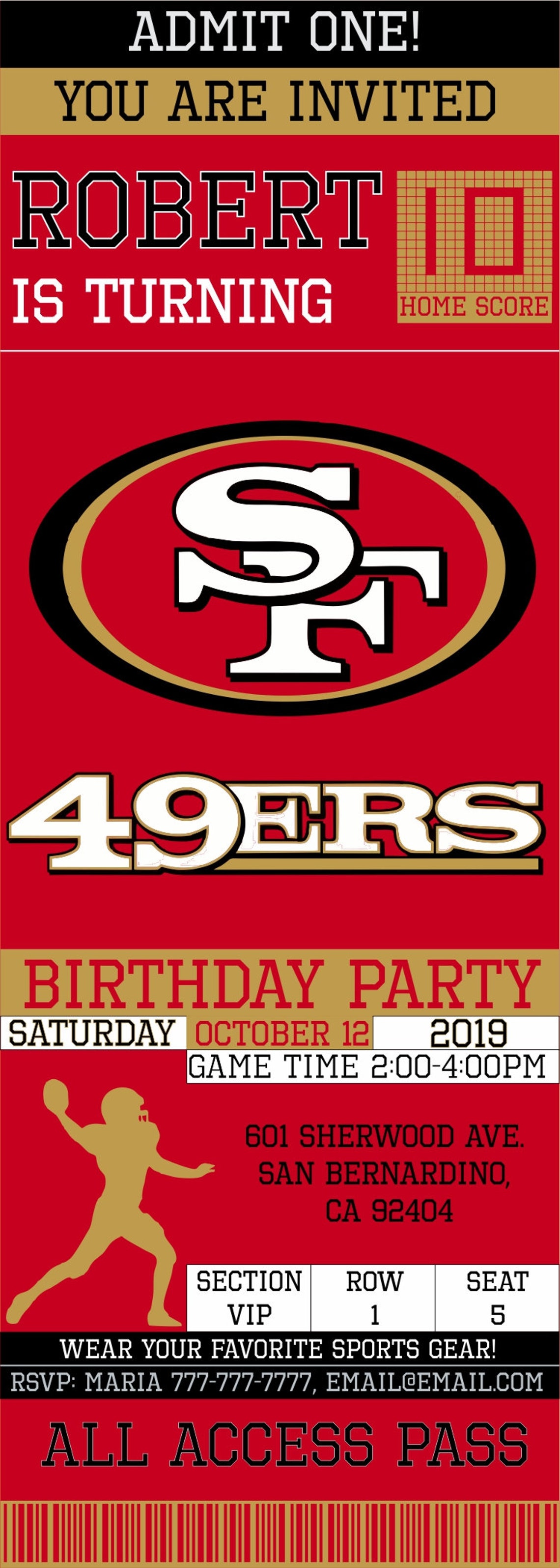 San Francisco 49ers Birthday Invitation Ticket Invitation | Etsy