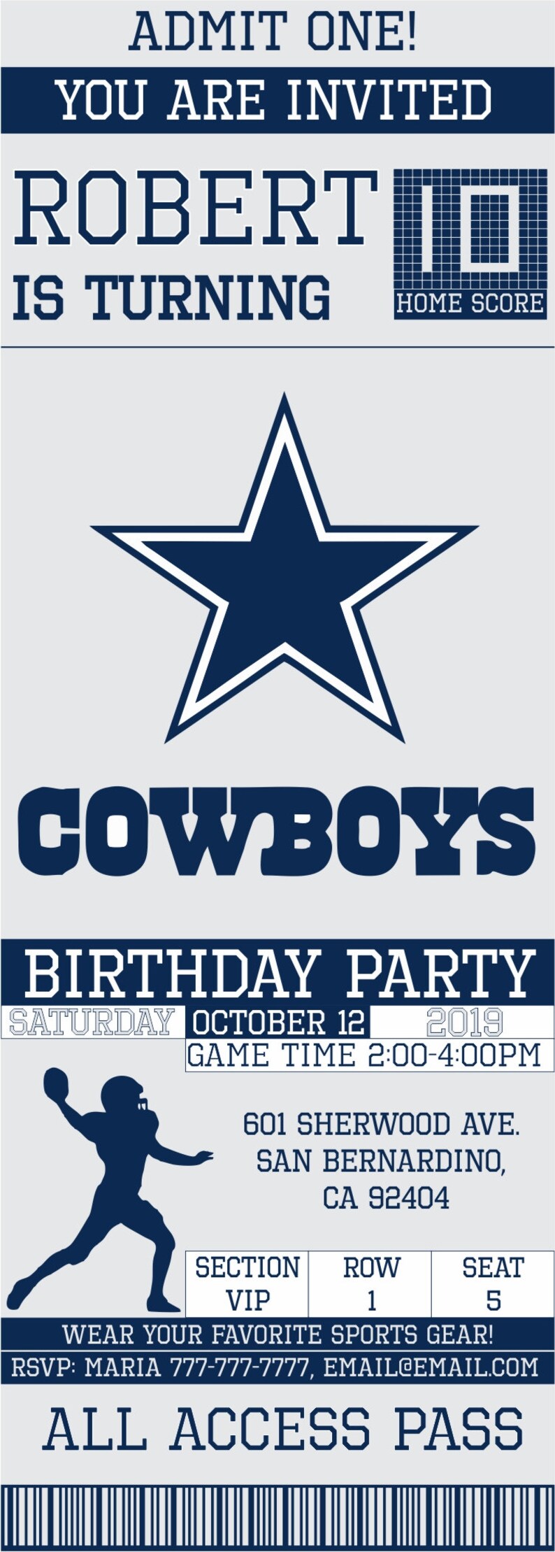 Dallas Cowboys Birthday Invitation Ticket Invitation Cowboys Etsy