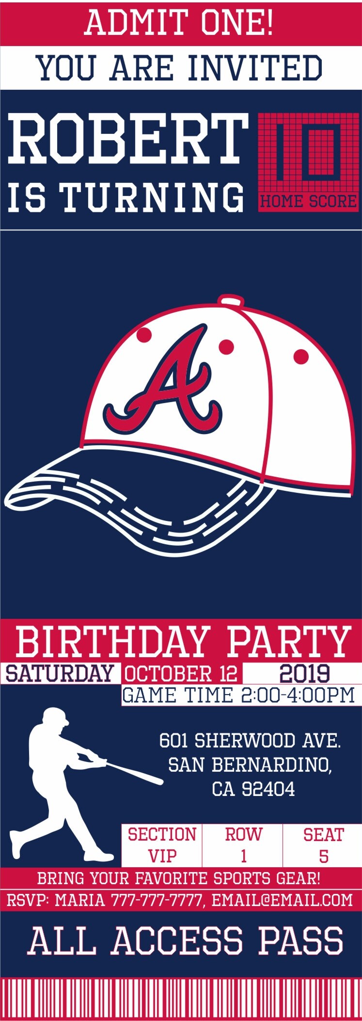 Atlanta Braves Birthday Invitation Ticket Invitation Atlanta | Etsy