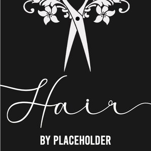 Könnte beinhalten: Eine weiße Silhouette einer Schere mit floralen Akzenten, das Wort "Hair" in einer kursiv geschriebenen Schrift und der Text "BY PLACEHOLDER" darunter. Ein Instagram-Symbol und der Text "@placeholder" befinden sich am unteren Rand des Bildes.