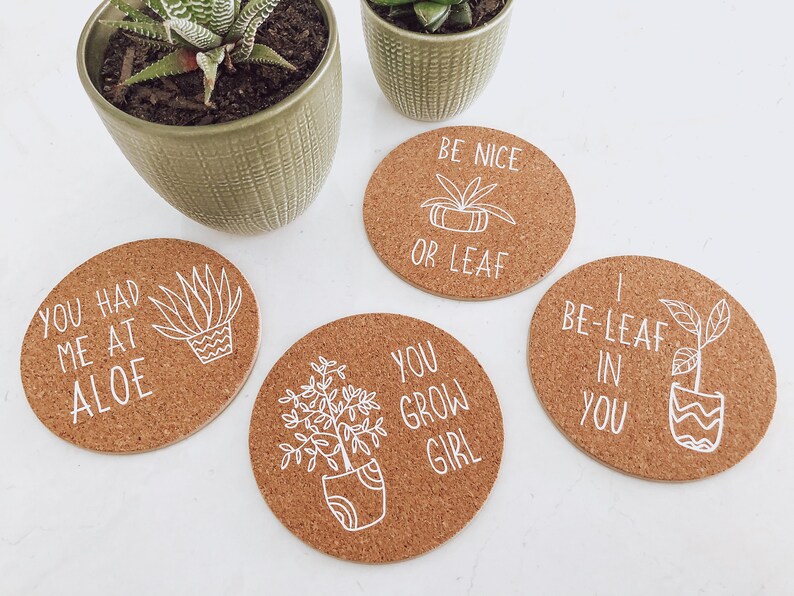 Plant Lover Gift, Plant Coasters, Cork Coasters, Custom Coasters, Round