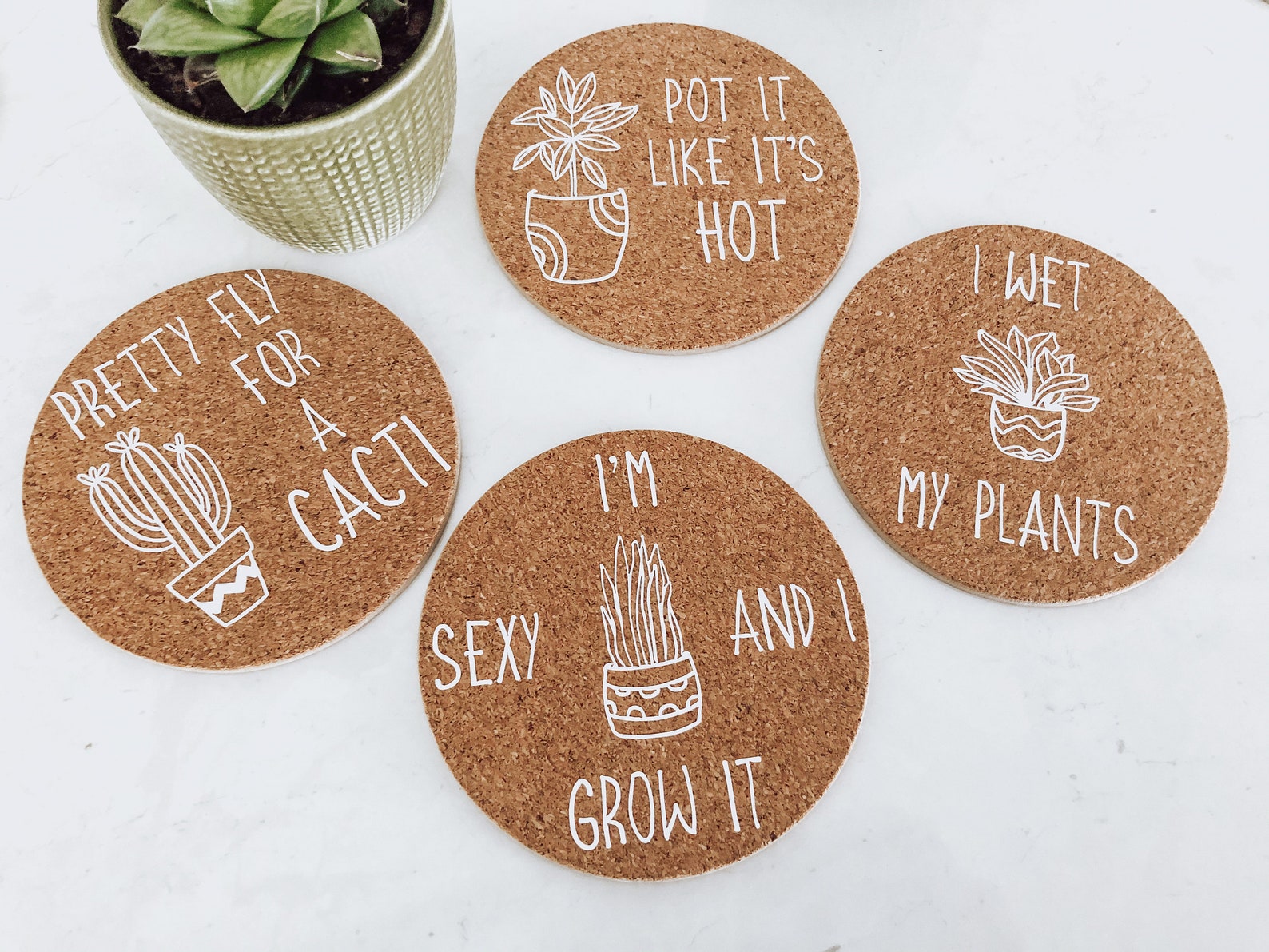 Plant Lover Gift, Plant Coasters, Cork Coasters, Custom Coasters, Round
