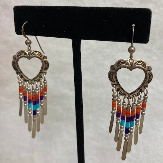 Native American Stamped Hearts Feather Dangles Co… - image 1