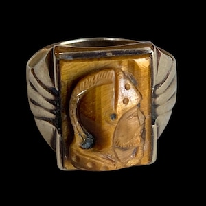 10K Solid Yellow Gold Tigers Eye Roman Soldier Cameo Signet Ring Size 9.5 Vintage Estate