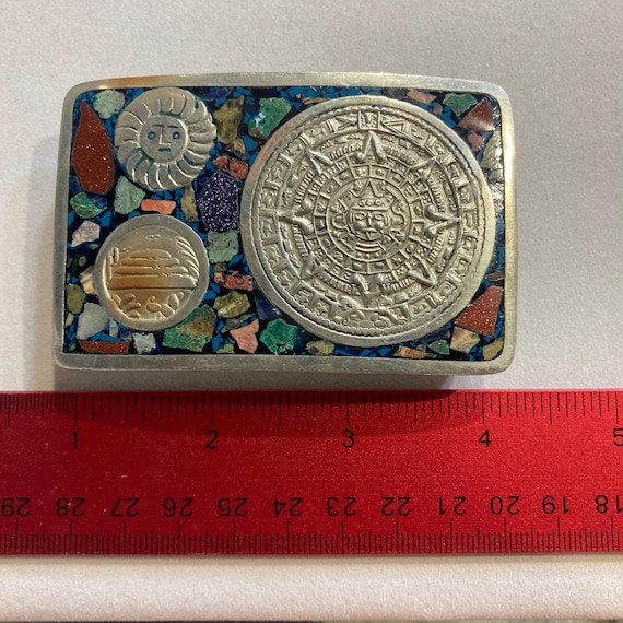 Rare Mosaic Mexican Aztec Calendar Inlaid Multi-gemstone  display picture 3