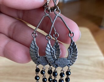 Harley Davidson Wings Chandelier Black Bead Sterling Silver Lever Back Drop Dangle Earrings 7.4g Vintage