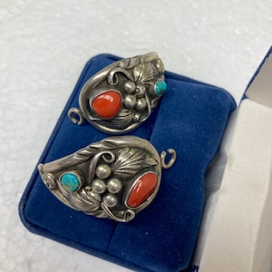 JT Hallmarked Navajo Coral Turquoise Silver work Sterling Silver Watch Band Ends Vintage Signed JT