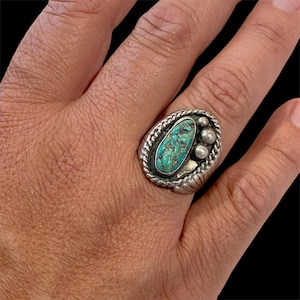 Old Pawn Navajo Turquoise Shadow Box Sterling Silver Ring Size 9.25 Vintage