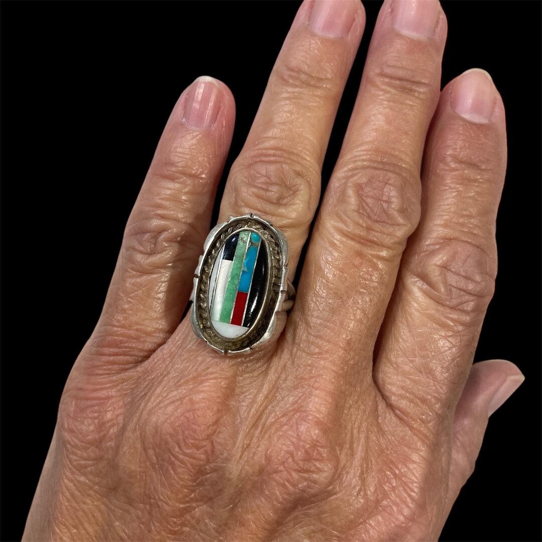 Native American Signed Multi-gemstone Inlay Sterling Silver Ring Size 5 ...