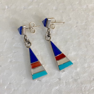 J&W Boone Zuni NM Multi-Stone Inlaid Sterling Silver Dangle Post Earrings Vintage