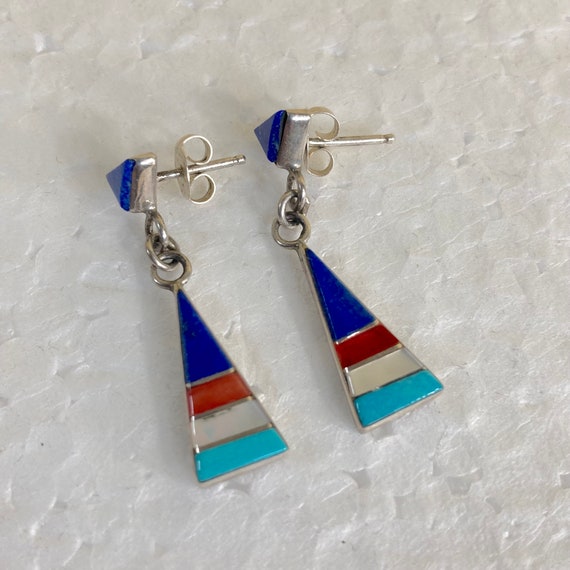 Native American Signed Vintage Zuni Turquoise Inlay Sterling Silver Coral Earrings Native American Signed Vintage Zuni Turquoise Inlay Sterling Silver Coral Earrings