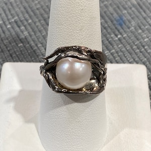 Israel Eye-catching Pearl Branch Design Sterling Silver Ring Size 9 Vintage