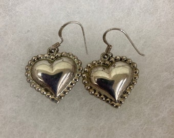 Beaded Silver Puffy Hearts Sterling Silver Drop Dangle Earrings Vintage