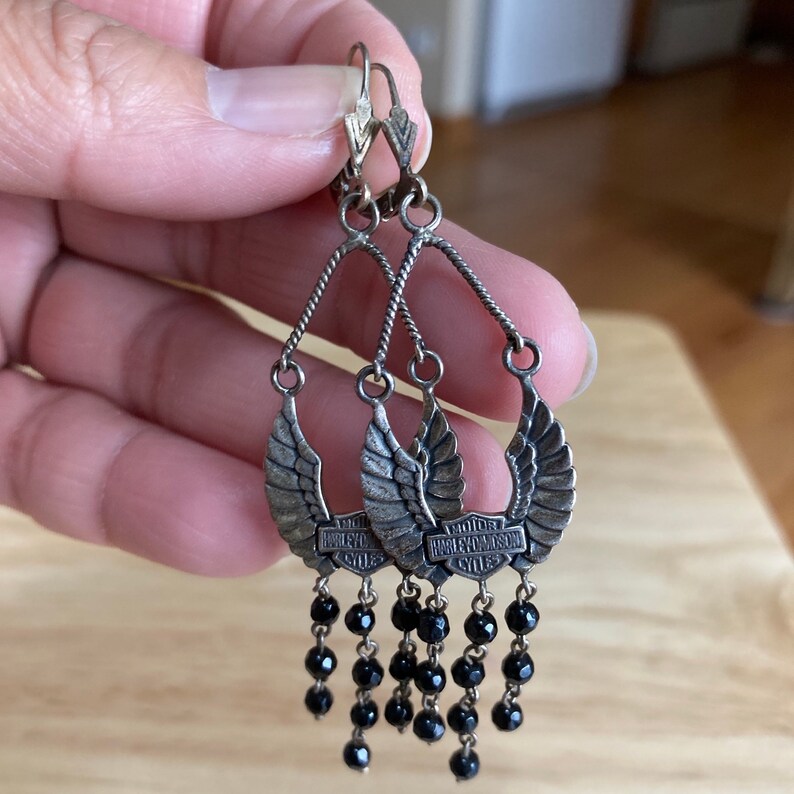 Harley Davidson Wings Chandelier Black Bead Sterling Silver Lever Back Drop Dangle Earrings 7.4g Vintage image 10