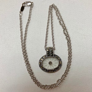 Judith Jack Camphor Glass Marcasite Pendant w/ 16&quot; Chain Sterling Silver Vintage Estate