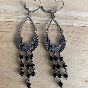 Harley Davidson Wings Chandelier Black Bead Sterling Silver Lever Back Drop Dangle Earrings 7.4g Vintage image 7