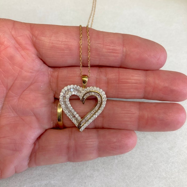 10K Solid Yellow Gold Baguettes and Round Diamond Heart 18" Necklace Never Used w/Boxes and Tag Vintage Estate Original Retail 1,500