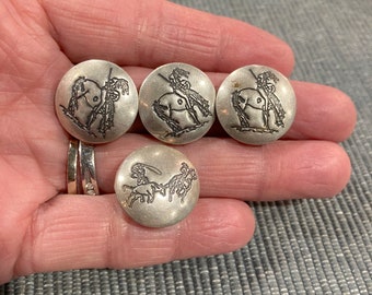 Lot of 4 Southwestern Native American Warrior Stamped Silver Button Covers 3/4” Diameter 12.9g Vintage