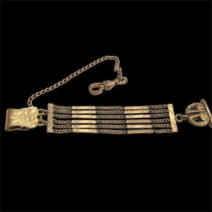 Antique Bronze Pocket Watch Chain Fob: Etched Bar & Curb Chain, Victorian Style