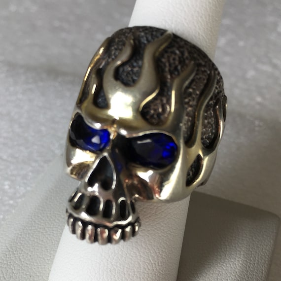 Skull & Fire Vintage Blue Stone Eyes Heavy 925 St… - image 1