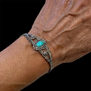 Fred Harvey Era Navajo Old Pawn Vintage Turquoise Stamped Silver Bracelet 5&quot;
