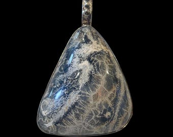 Vintage Black Agate Sterling Silver Pendant: Large Triangular Gemstone