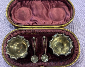 Victorian Sterling Silver Salt Cellars and Spoons Set – Scallops Motif and Original Box