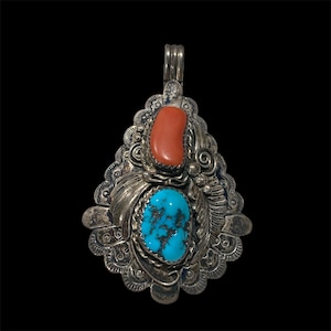 Navajo Signed LD Coral and Turquoise Large Sterling Silver Pendant Gorgeous Silverwork Vintage Estate