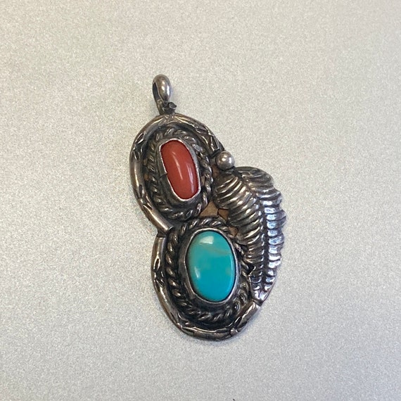 Navajo Coral Turquoise Silver Feather Sterling Sil