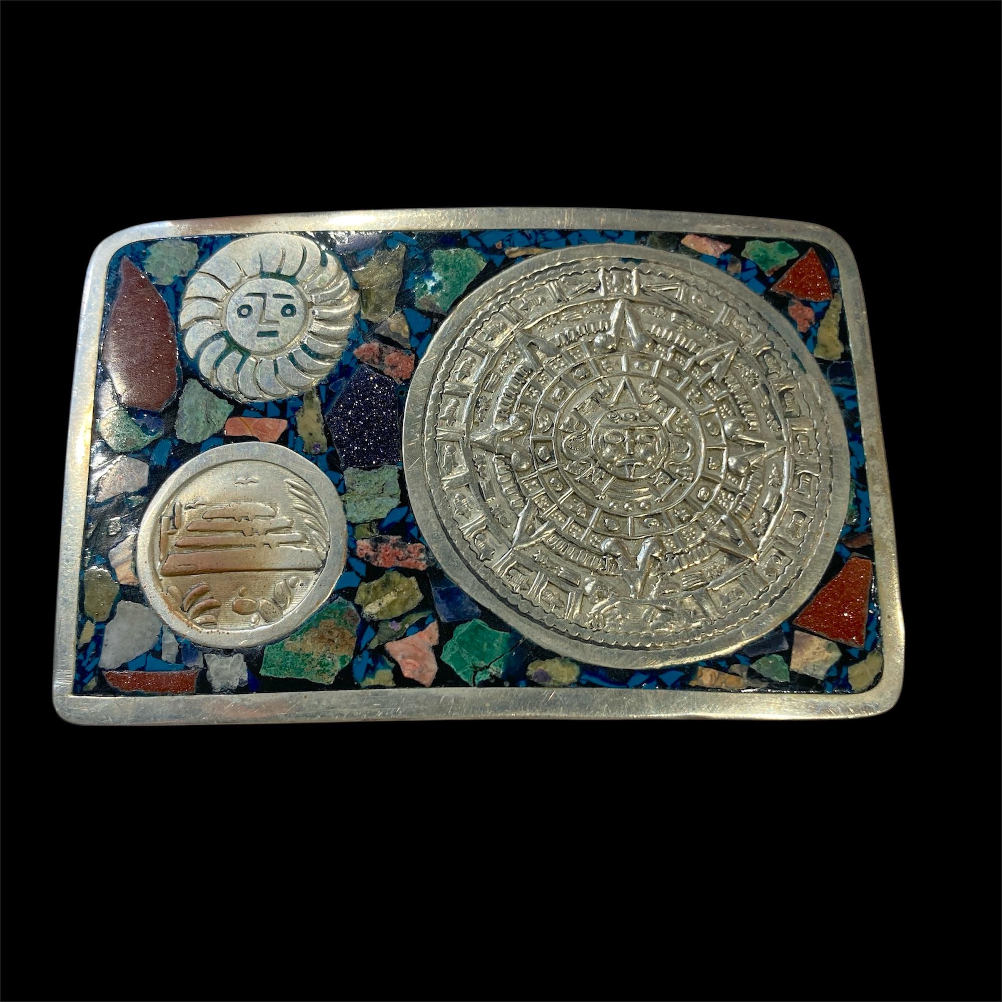 Rare Mosaic Mexican Aztec Calendar Inlaid Multi-gemstone  display picture 1