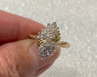 14K Solid Yellow Gold Diamond Waterfall Cluster Cascade Ring Size 5.25 Vintage Estate