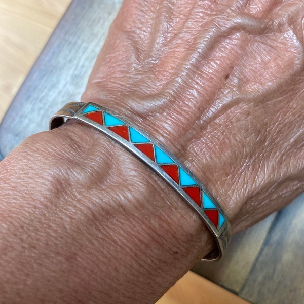 Native American Inlaid Turquoise & Coral Zig-Zag Sterling Silver Stacking Bracelet Vintage 5-1/2”