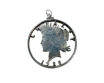 Vintage 1923 Peace Dollar Encased Cut-out Sterling Bezel Pendant