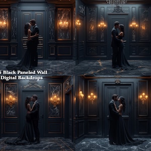 May include: A couple in black formal wear stands in a room with black paneled walls, a black marble floor, and gold accents. The room has a large doorway with a black door.