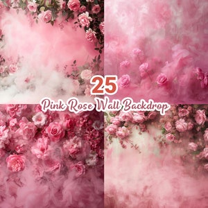 Pink Rose Wall Backdrops, Floral Backdrops, Pink Smoke Studio, Pink Backgrounds, Pink Floral wall Portrait Photo Overlay for Photoshop