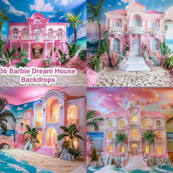 36 Barbie Dream House Backdrops, Barbie Inspired Digital Backdrops, Barbie Doll Mansion backgrounds, Malibu Beach, Fantasy Photo Editing PNG