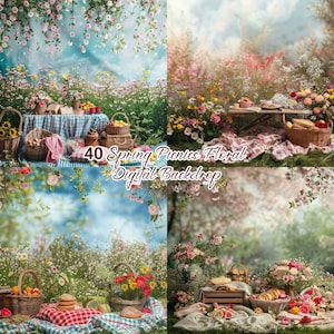 May include: A digital backdrop featuring four different scenes of a spring picnic with floral arrangements, picnic baskets, and blankets. The backdrop is ideal for photographers and crafters who want to create beautiful and whimsical images.