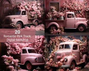 Romantic Pink Pickup Truck Digital Backdrops, Wedding Family Maternity Photography Digital Background, Photoshop Overlays, Valentine's Day