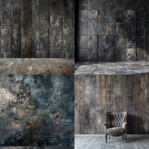 May include: A collage of four different textured backgrounds. The top left image shows a dark wood panel wall with a wood floor. The top right image shows a dark gray tiled wall with a gray tiled floor. The bottom left image shows a blue and gray textured wall. The bottom right image shows a dark wood panel wall with a gray floor and a gray armchair.