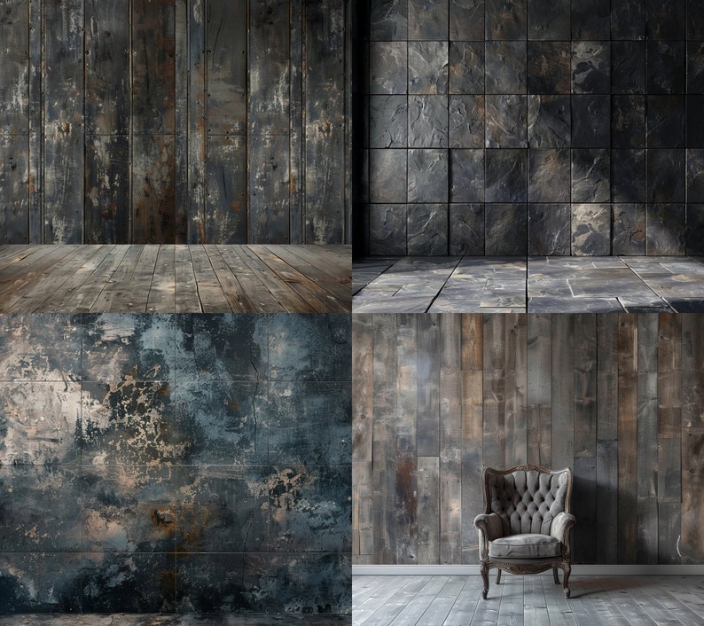 May include: A collage of four different textured backgrounds. The top left image shows a dark wood panel wall with a wood floor. The top right image shows a dark gray tiled wall with a gray tiled floor. The bottom left image shows a blue and gray textured wall. The bottom right image shows a dark wood panel wall with a gray floor and a gray armchair.