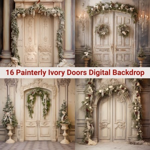 Fondos digitales navideños, superposición de puertas de marfil, fondo festivo para Photoshop, perfecto para retratos y tarjetas navideñas, archivos PNG