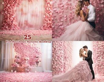 ピンクのバラの花びらのロマンチックなデジタル背景、結婚式の Photoshop 背景、落ちる花びらのマタニティ デジタル背景、スタジオ背景、PNG