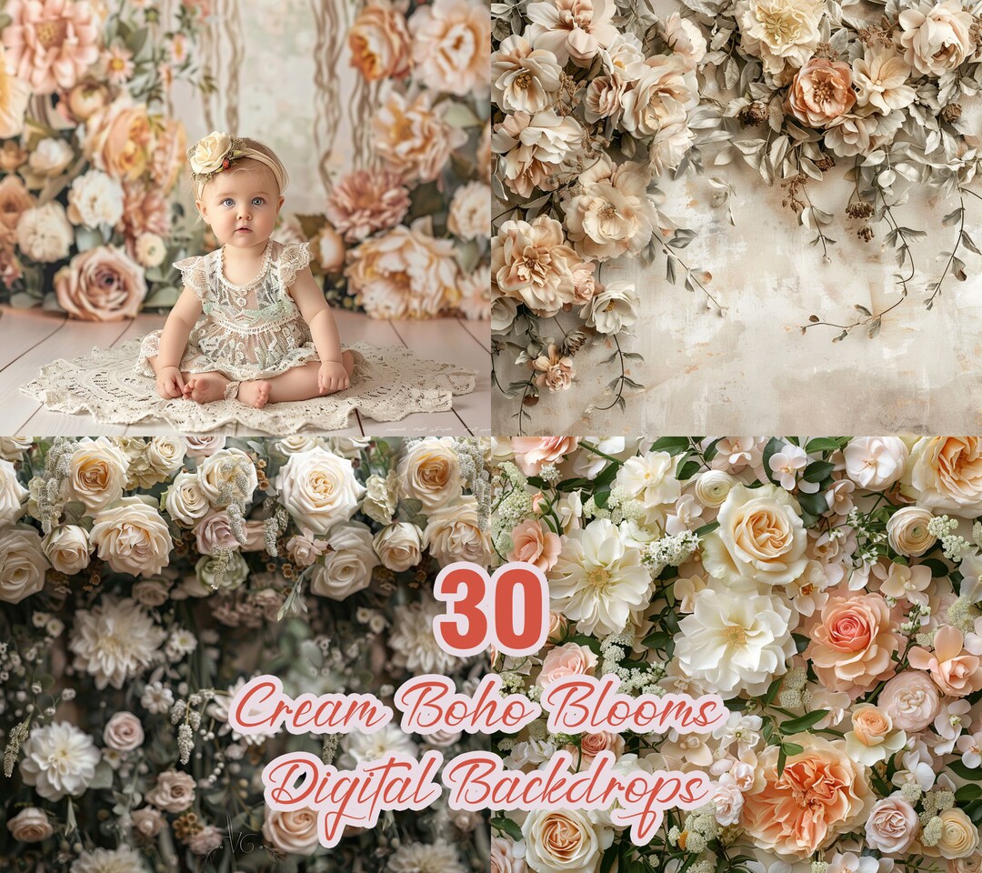 Cream Boho Blooms Digital Backdrops of Rustic Rooms Adorned With Floral ...